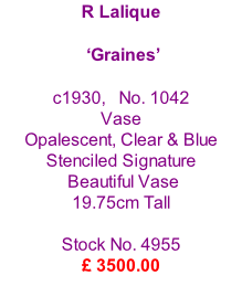 R Lalique   ‘Graines’   c1930,   No. 1042 Vase Opalescent, Clear & Blue Stenciled Signature  Beautiful Vase 19.75cm Tall  Stock No. 4955 £ 3500.00